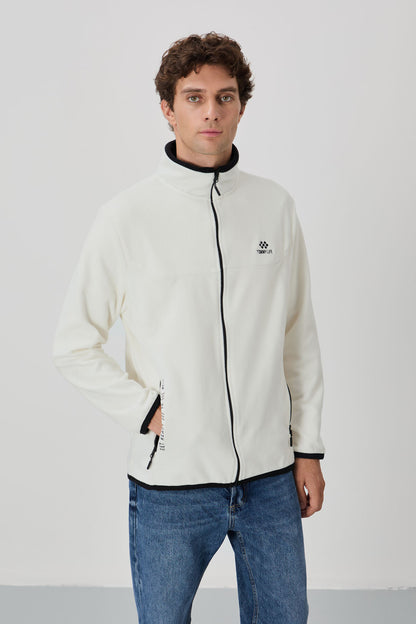 Ecru Embroidered High Collar Zippered Standard Fit Men's Sweatshirt Fleece - 87992