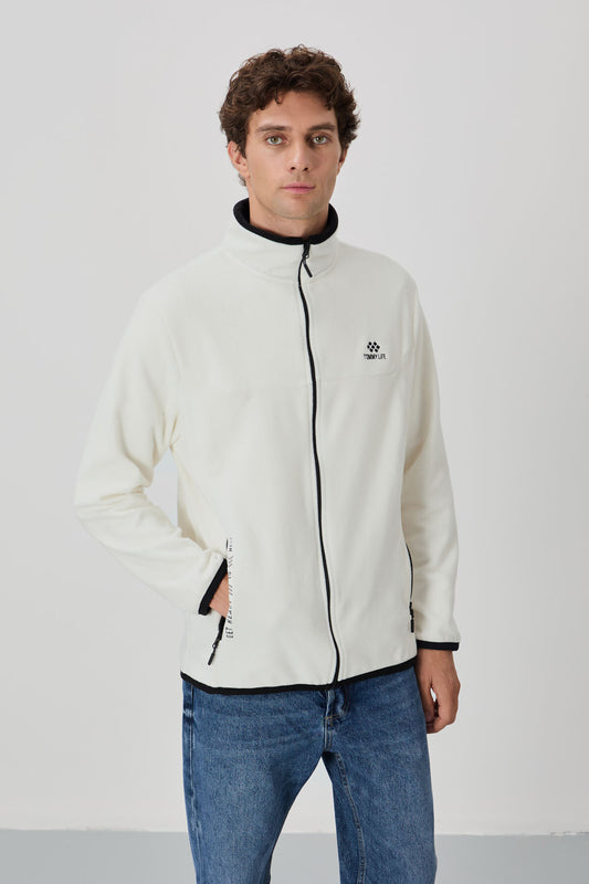 Ecru Embroidered High Collar Zippered Standard Fit Men's Sweatshirt Fleece - 87992