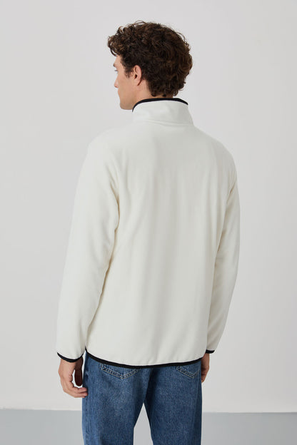 Ecru Embroidered High Collar Zippered Standard Fit Men's Sweatshirt Fleece - 87992