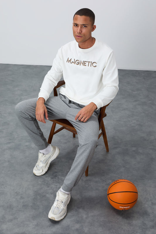 Ecru Embroidered O Collar Comfort Fit Fleece-Lined Men's Sweatshirt - 88020