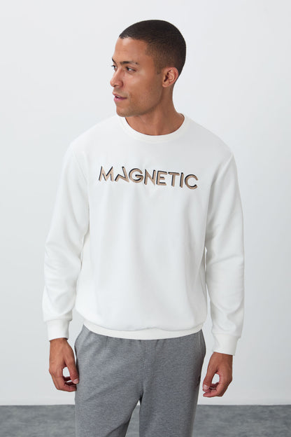 Ecru Embroidered O Collar Comfort Fit Fleece-Lined Men's Sweatshirt - 88020