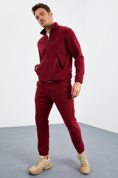 Purple Half-Zip Stand Collar Elastic Cuff Fleece Men's Tracksuit Set - 85159