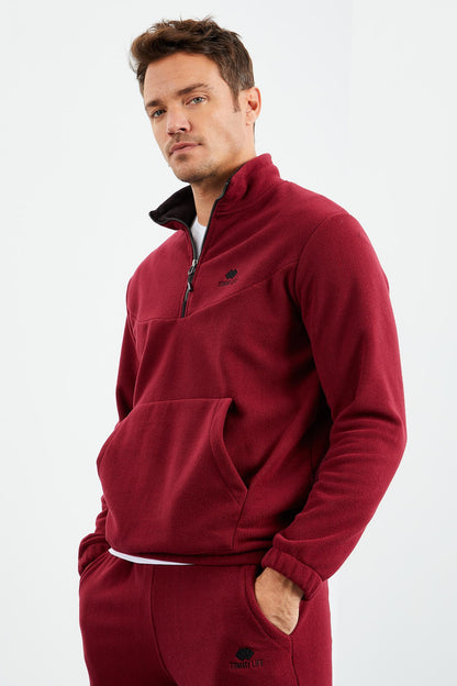 Purple Half-Zip Stand Collar Elastic Cuff Fleece Men's Tracksuit Set - 85159