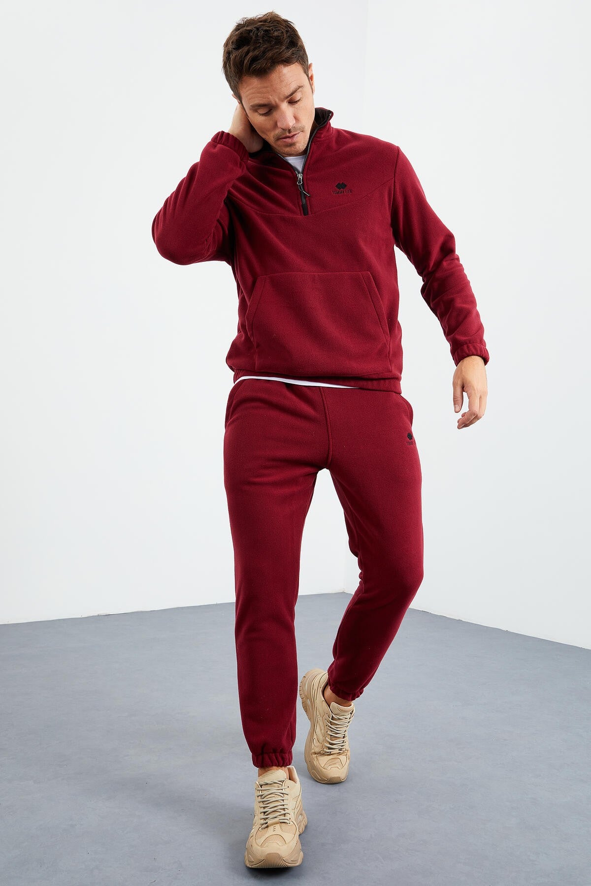Purple Half-Zip Stand Collar Elastic Cuff Fleece Men's Tracksuit Set - 85159
