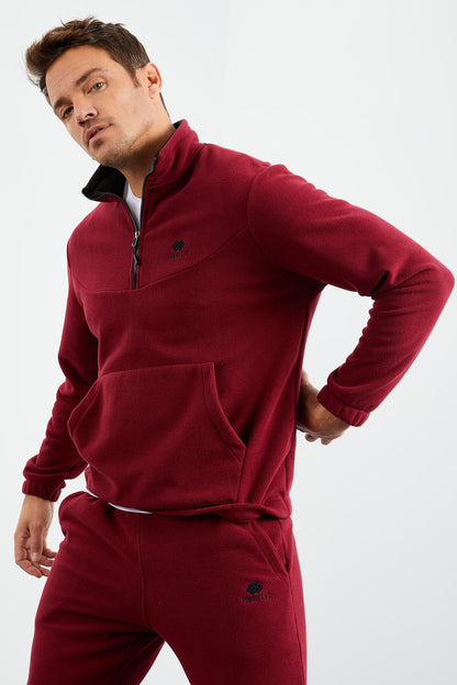 Purple Half-Zip Stand Collar Elastic Cuff Fleece Men's Tracksuit Set - 85159