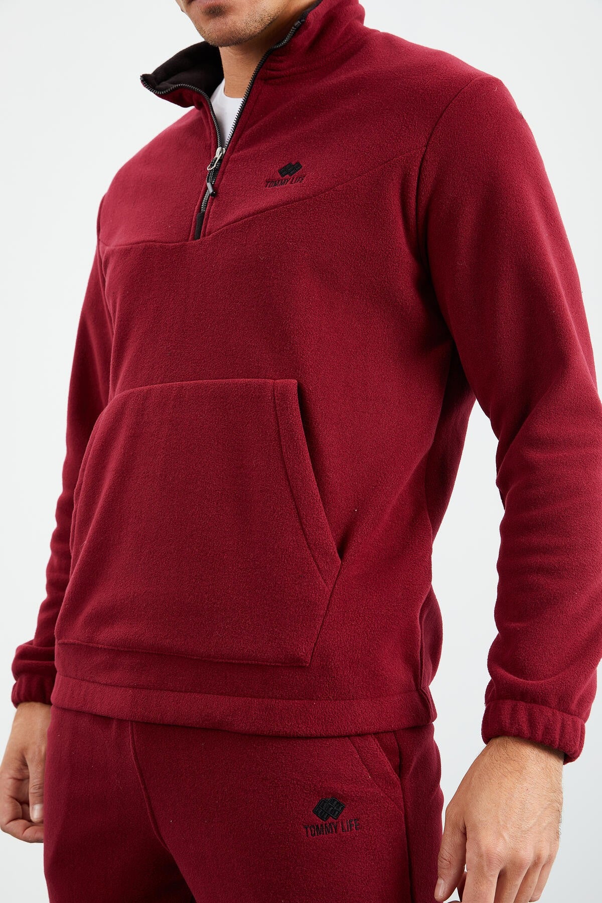 Purple Half-Zip Stand Collar Elastic Cuff Fleece Men's Tracksuit Set - 85159