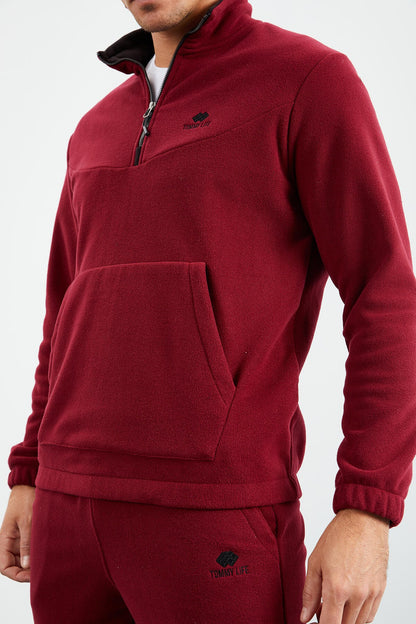Purple Half-Zip Stand Collar Elastic Cuff Fleece Men's Tracksuit Set - 85159