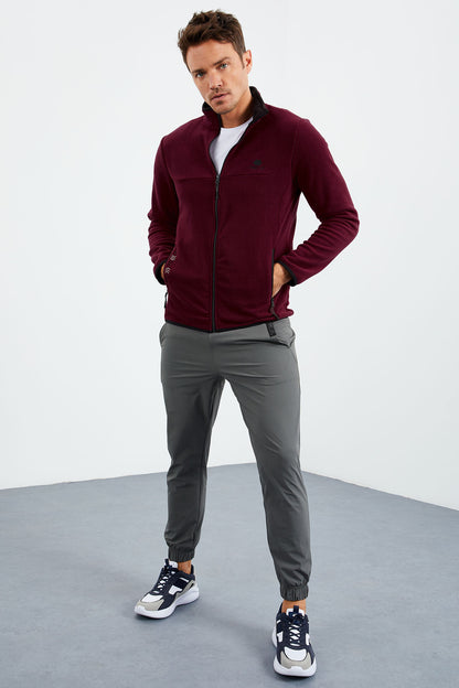 Purple Embroidered High Neck Zippered Standard Fit Men's Sweatshirt Fleece - 87992