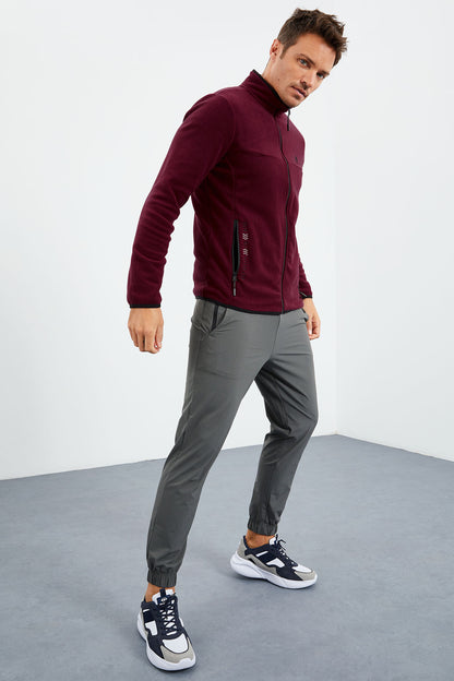 Purple Embroidered High Neck Zippered Standard Fit Men's Sweatshirt Fleece - 87992
