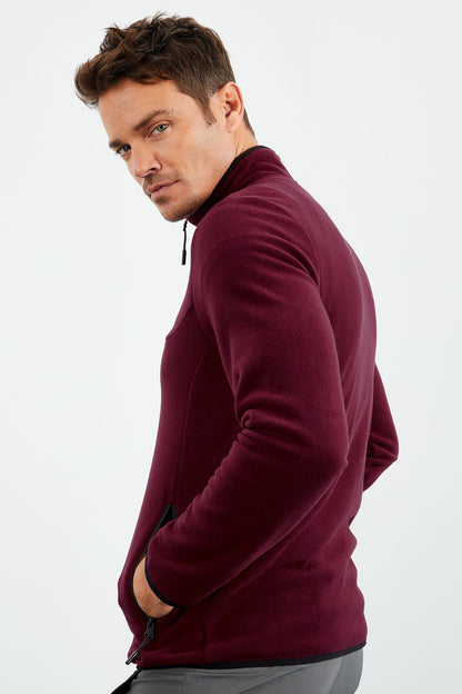 Purple Embroidered High Neck Zippered Standard Fit Men's Sweatshirt Fleece - 87992