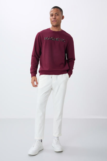 Purple Embroidered O Neck Comfort Fit Polar Lined Men's Sweatshirt - 88020