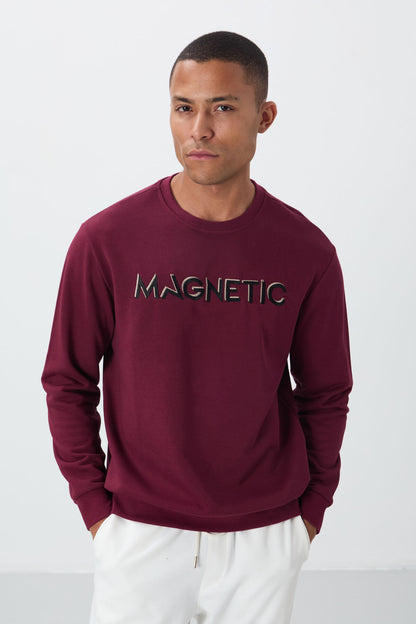 Purple Embroidered O Neck Comfort Fit Polar Lined Men's Sweatshirt - 88020