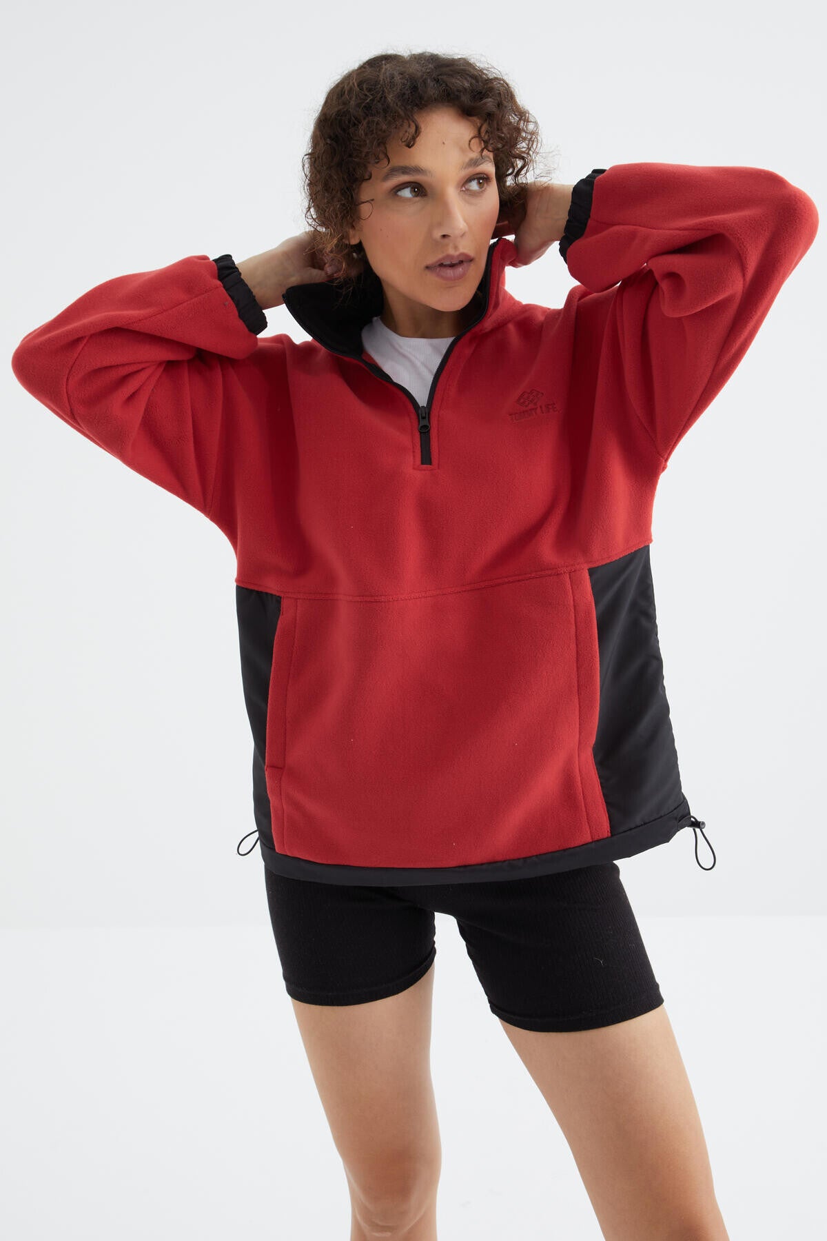 Fiesta Half Zipper Skirt with Gathered High Collar Oversize Women's Fleece Sweatshirt - 97236
