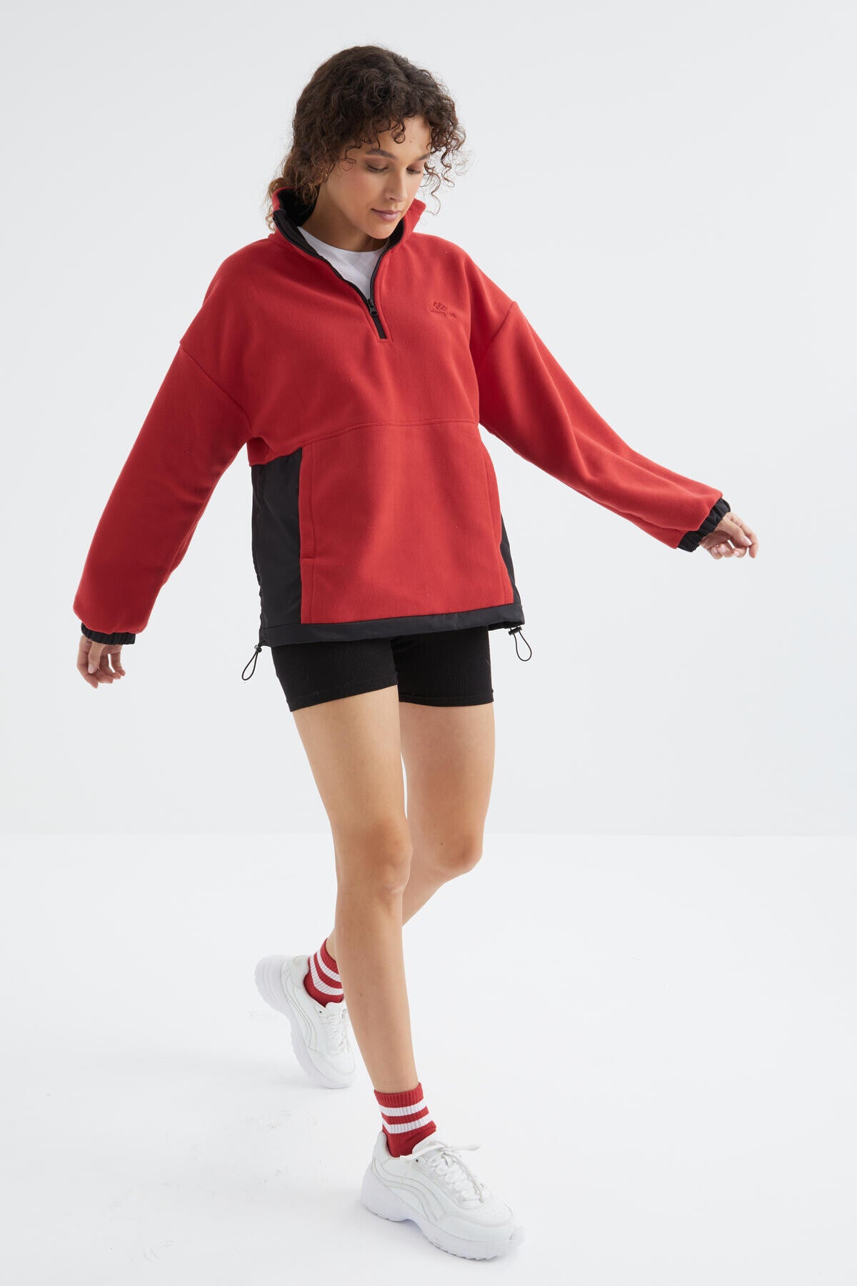 Fiesta Half Zipper Skirt with Gathered High Collar Oversize Women's Fleece Sweatshirt - 97236