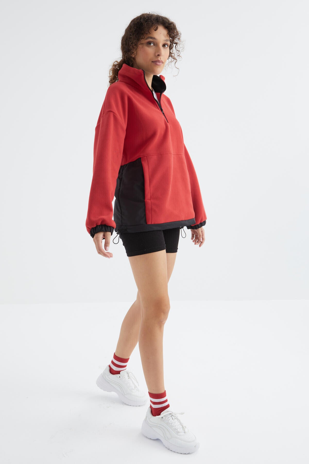 Fiesta Half Zipper Skirt with Gathered High Collar Oversize Women's Fleece Sweatshirt - 97236