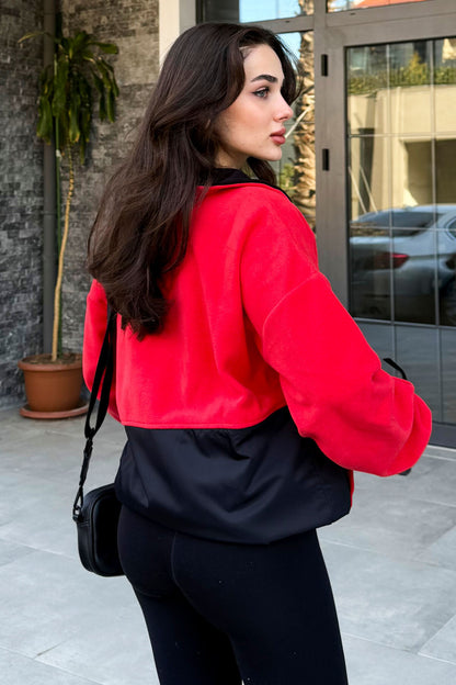 Fiesta Half Zipper Skirt with Gathered High Collar Oversize Women's Fleece Sweatshirt - 97236