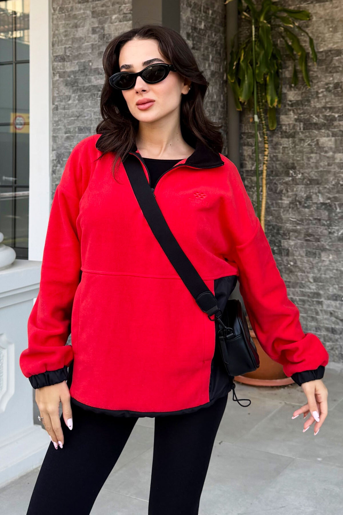 Fiesta Half Zipper Skirt with Gathered High Collar Oversize Women's Fleece Sweatshirt - 97236