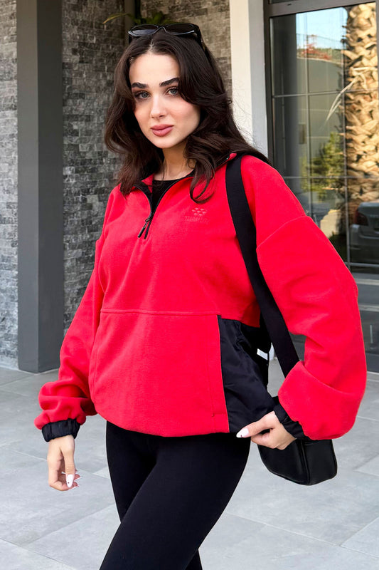 Fiesta Half Zipper Skirt with Gathered High Collar Oversize Women's Fleece Sweatshirt - 97236
