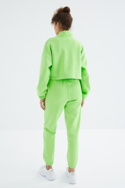 Peanut Green Low Shoulder Waist Gathered Half Length Zipper Oversized Women's Tracksuit Set - 95321