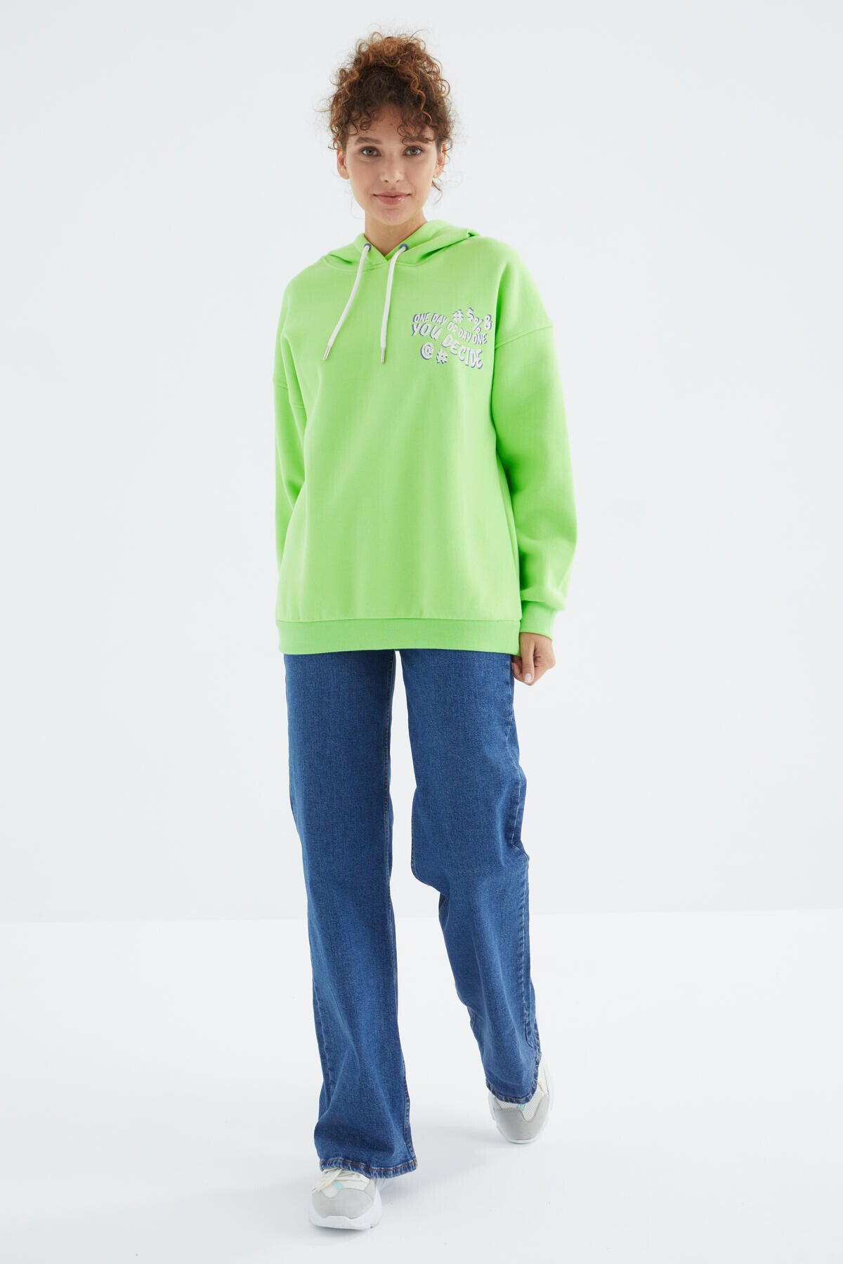 Peanut Green Hooded Back Print Detailed Oversize Women's Sweatshirt - 97249