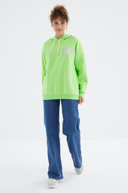Peanut Green Hooded Back Print Detailed Oversize Women's Sweatshirt - 97249