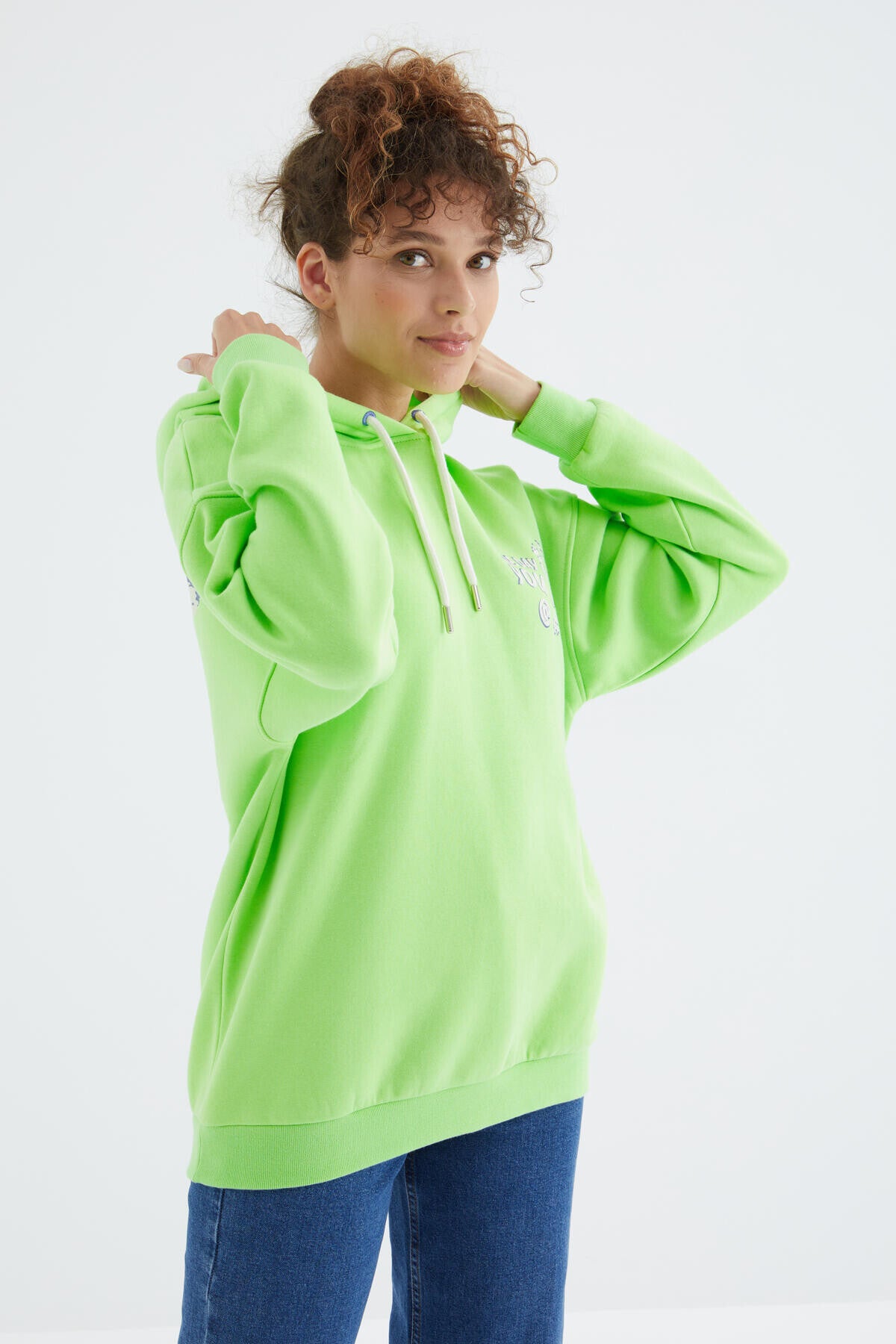 Peanut Green Hooded Back Print Detailed Oversize Women's Sweatshirt - 97249