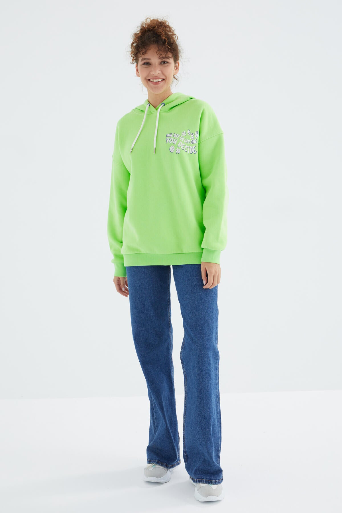 Peanut Green Hooded Back Print Detailed Oversize Women's Sweatshirt - 97249