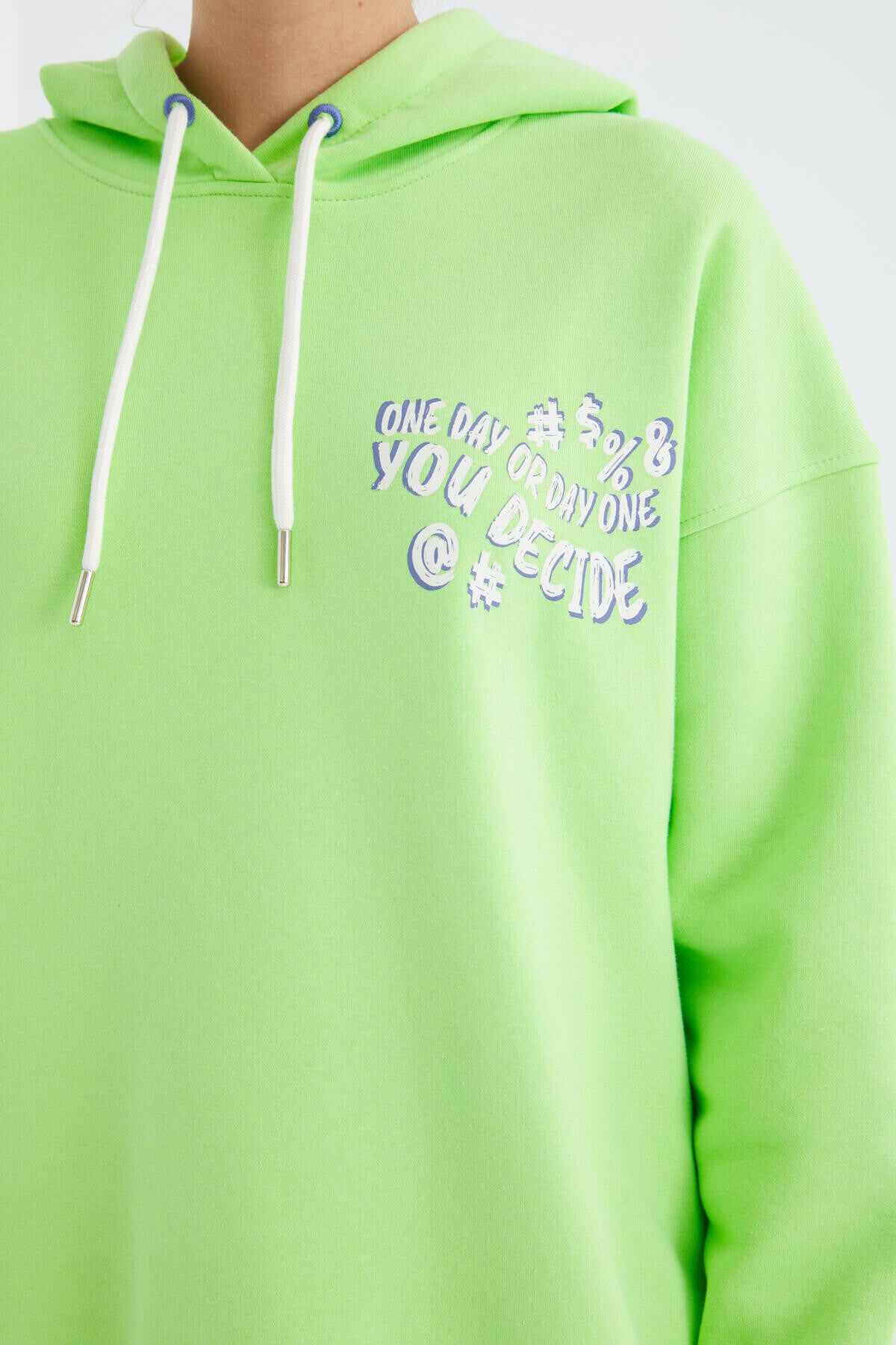 Peanut Green Hooded Back Print Detailed Oversize Women's Sweatshirt - 97249