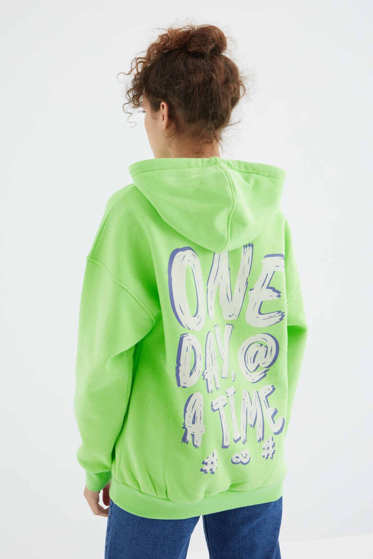 Peanut Green Hooded Back Print Detailed Oversize Women's Sweatshirt - 97249