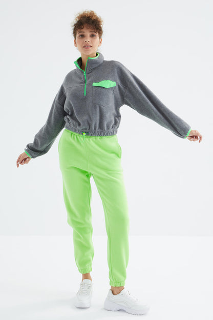 Green Pistachio High Waist Brushed 3-Thread Cotton Basic Women's Tracksuit Bottom - 94624