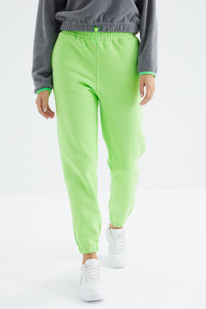 Green Pistachio High Waist Brushed 3-Thread Cotton Basic Women's Tracksuit Bottom - 94624