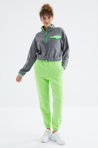 Green Pistachio High Waist Brushed 3-Thread Cotton Basic Women's Tracksuit Bottom - 94624