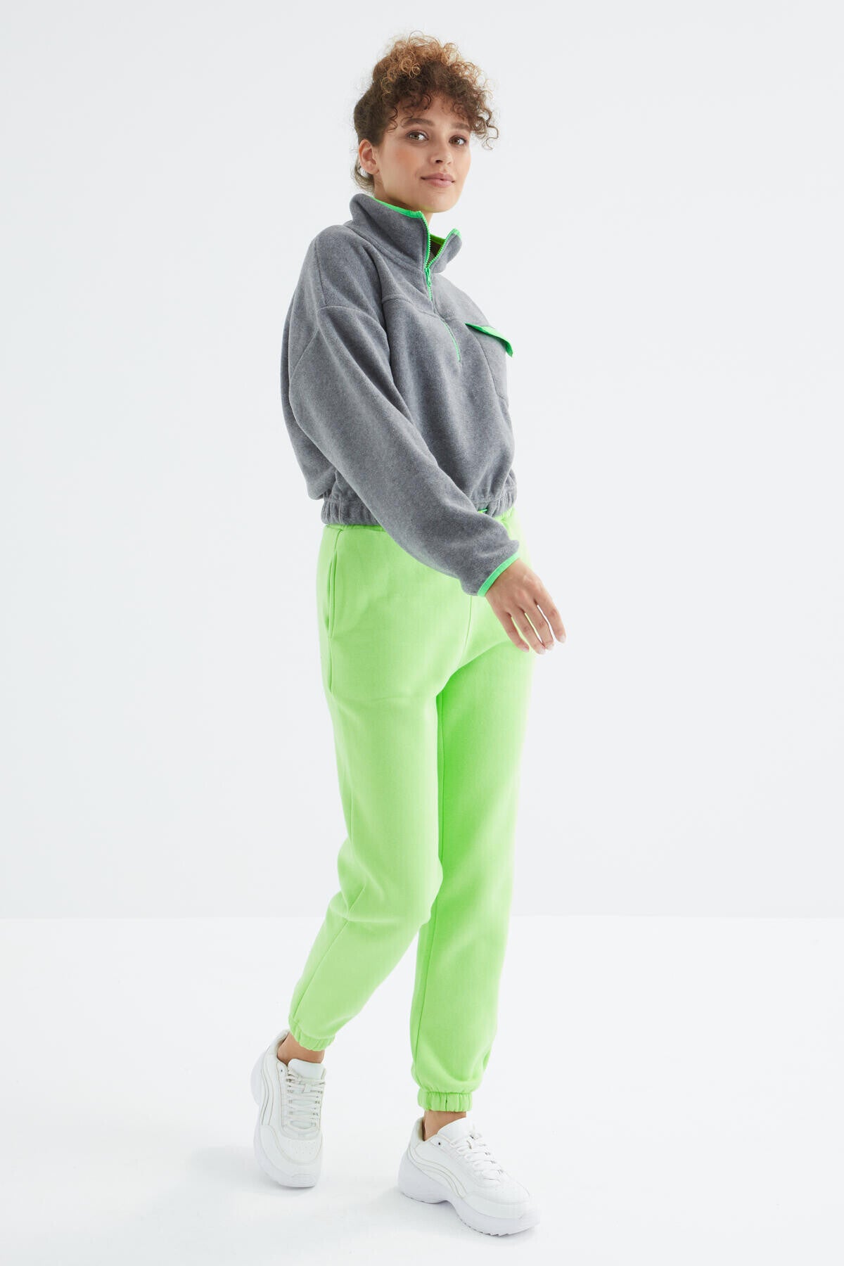 Green Pistachio High Waist Brushed 3-Thread Cotton Basic Women's Tracksuit Bottom - 94624