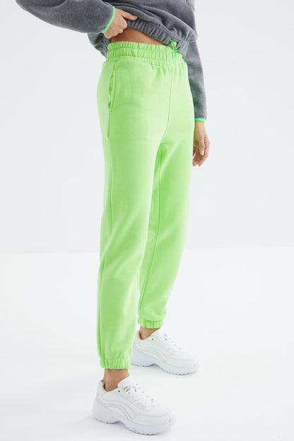 Green Pistachio High Waist Brushed 3-Thread Cotton Basic Women's Tracksuit Bottom - 94624