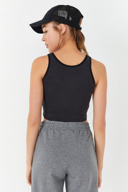 Smoked Basic Zero Sleeve Narrow Fit U Collar Women's Crop Top Singlet - 97160