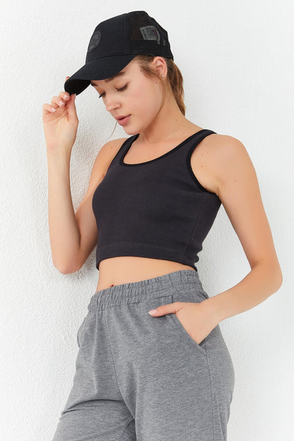 Smoked Basic Zero Sleeve Narrow Fit U Collar Women's Crop Top Singlet - 97160