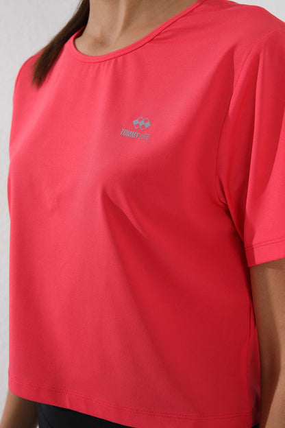 Fuchsia Basic Short Sleeve Standard Fit O Neck Women's Crop Top T-Shirt - 97143