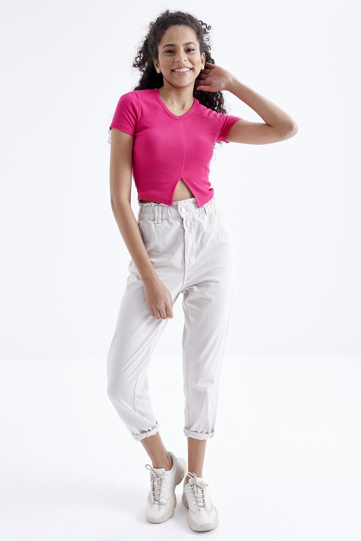 Fuchsia Basic Front Slit V Neck Women's Crop Top T-Shirt - 97206