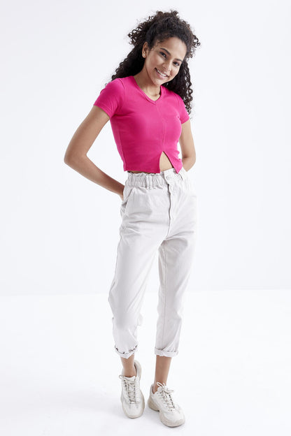 Fuchsia Basic Front Slit V Neck Women's Crop Top T-Shirt - 97206