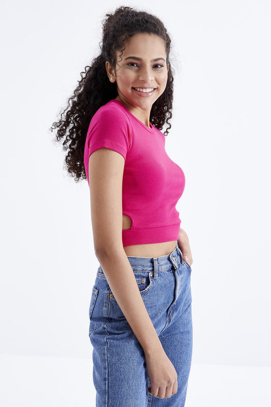 Fuchsia Basic Side Window O Collar Women's Crop Top T-Shirt - 97207