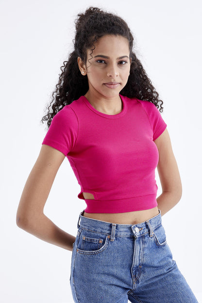 Fuchsia Basic Side Window O Collar Women's Crop Top T-Shirt - 97207