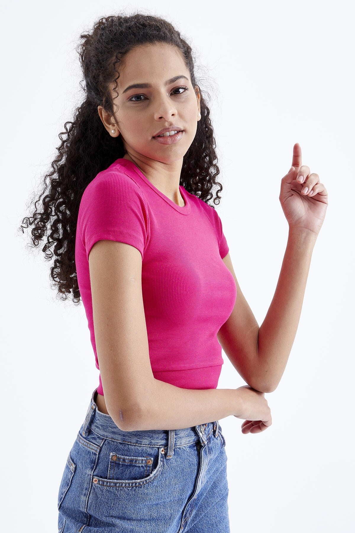 Fuchsia Basic Side Window O Collar Women's Crop Top T-Shirt - 97207