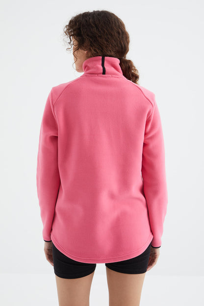 Fuchsia Stand Collar Zippered Comfort Fit Women's Fleece Sweatshirt - 97173