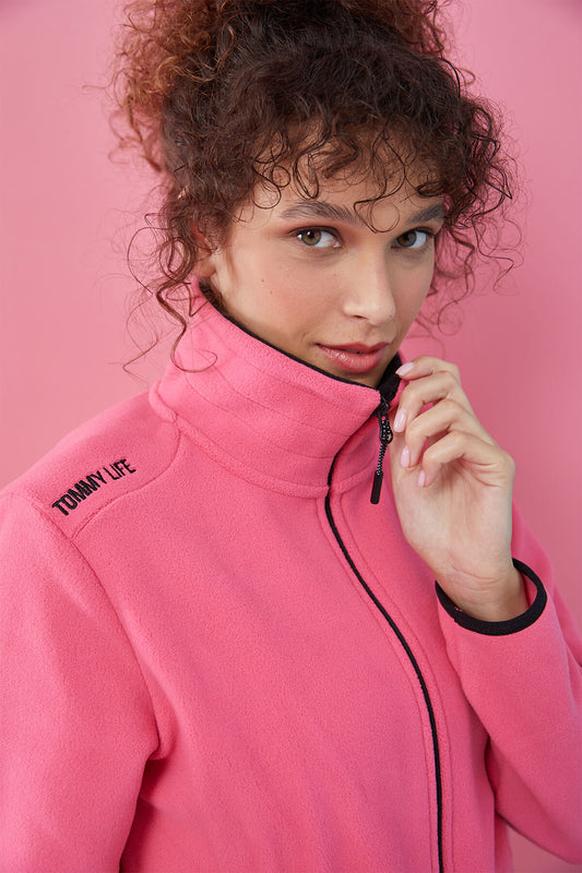 Fuchsia Stand Collar Zippered Comfort Fit Women's Fleece Sweatshirt - 97173