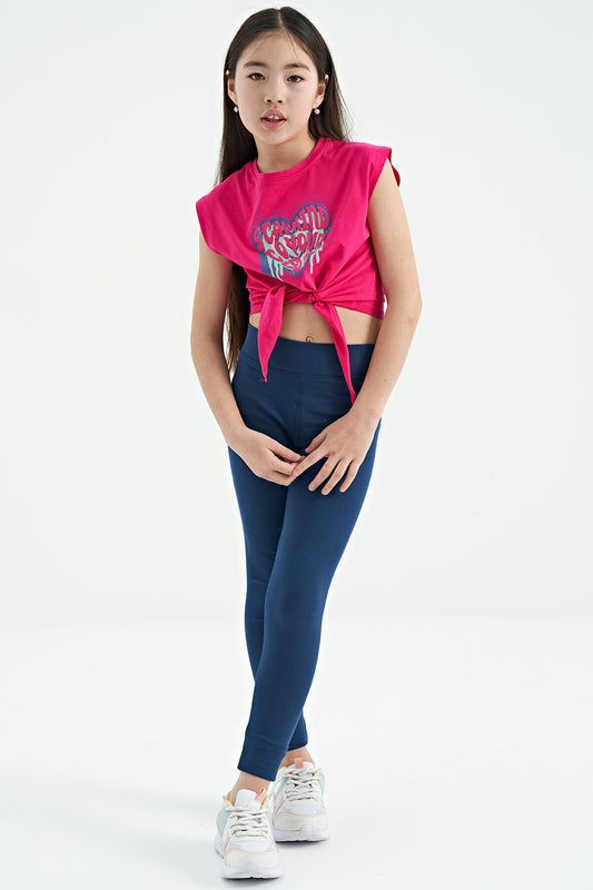 Fuchsia Heart Print Front Knot Detailed Comfortable Fit Girl's T-Shirt - 75114