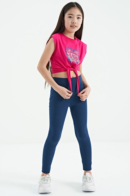 Fuchsia Heart Print Front Knot Detailed Comfortable Fit Girl's T-Shirt - 75114