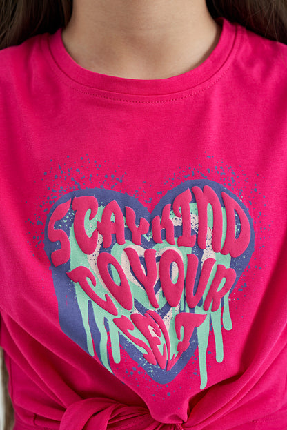 Fuchsia Heart Print Front Knot Detailed Comfortable Fit Girl's T-Shirt - 75114