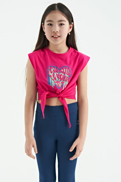 Fuchsia Heart Print Front Knot Detailed Comfortable Fit Girl's T-Shirt - 75114
