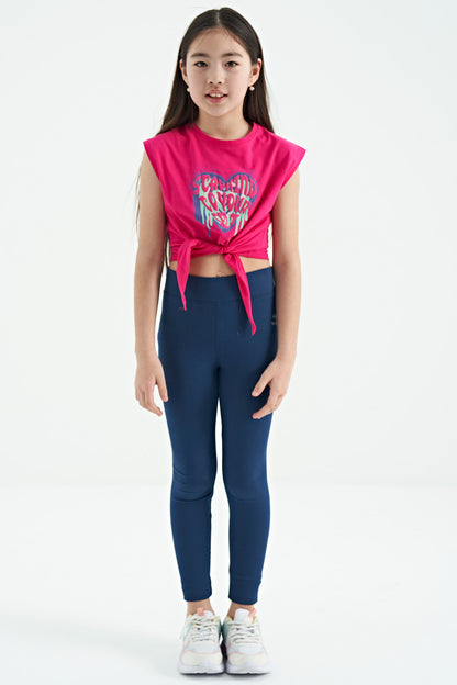 Fuchsia Heart Print Front Knot Detailed Comfortable Fit Girl's T-Shirt - 75114