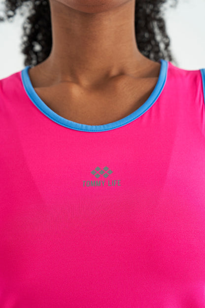 Fuchsia Logo Printed Binding Striped Standard Cut Women's Sports Singlet - 97255